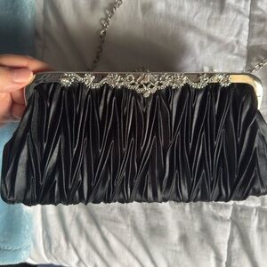 Elegant Black Satin Clutch with Silver Accents